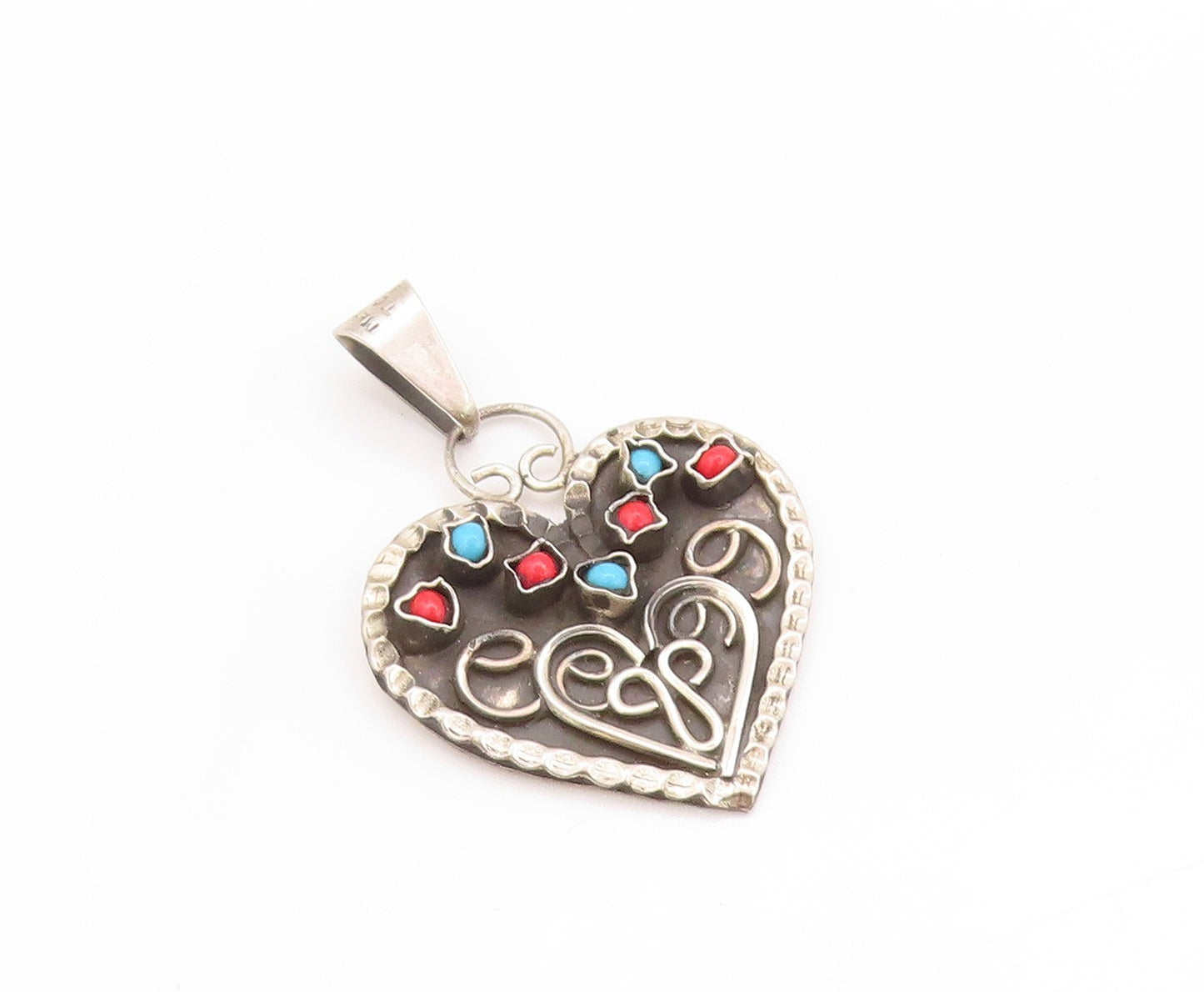 925 Sterling Silver Vintage Pendant Antique Etched Turquoise Heart  PT24210
