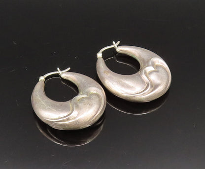 925 Silver  Vintage Carved Love Heart Hollow Oval Hoop Earrings  EG11849