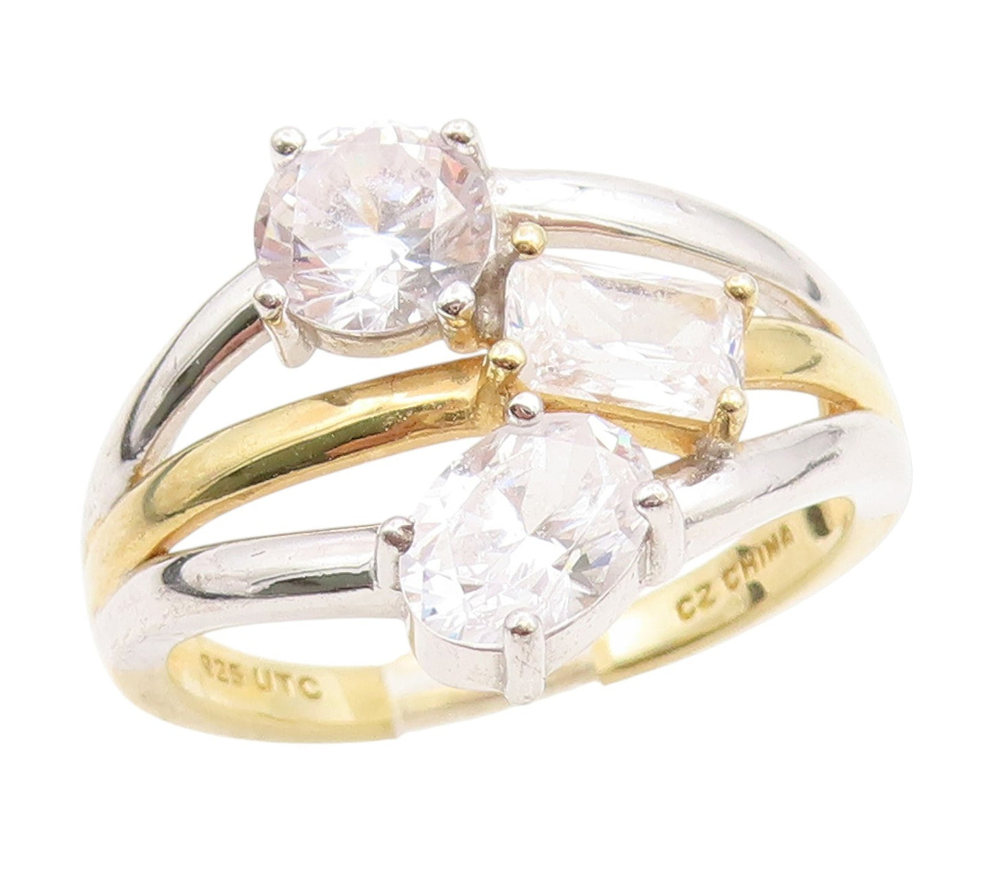 925 Sterling Silver Vintage Ring Multi Shape CZ Two Tone Band  Sz 9  RG35002