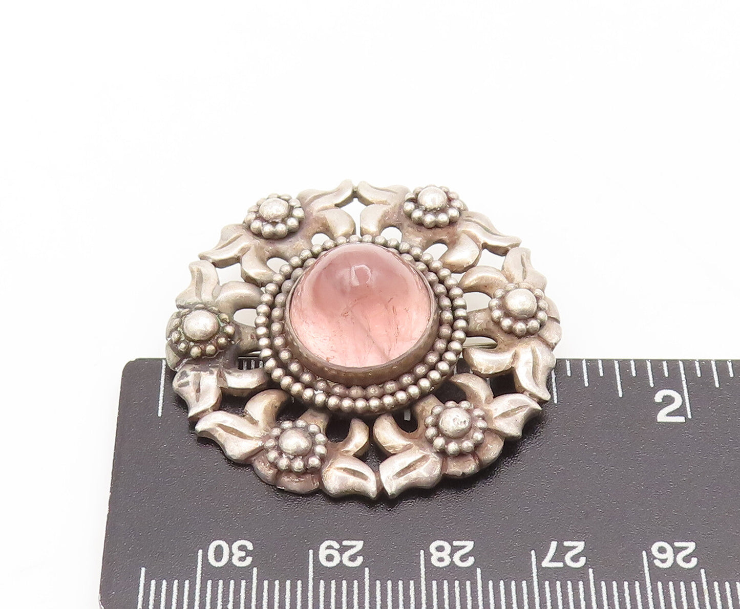 925 Sterling Silver Vintage Brooch Morganite Halo Carved Floral Design  BP10578