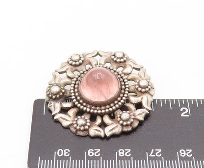 925 Sterling Silver Vintage Brooch Morganite Halo Carved Floral Design  BP10578