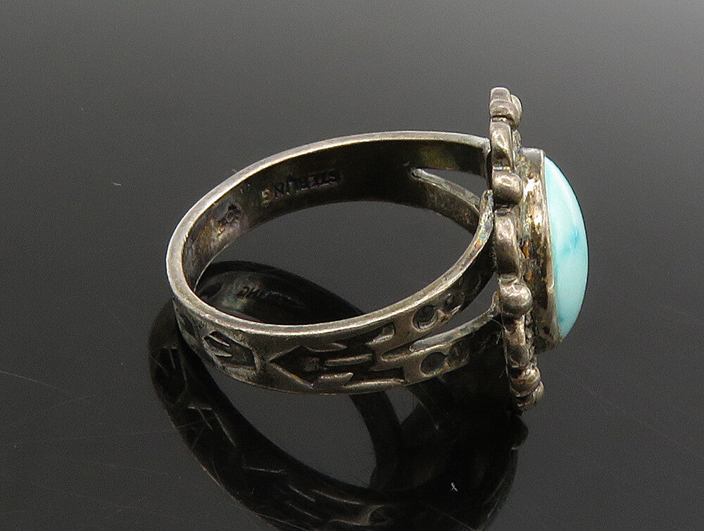 925 Silver Vintage Turquoise Floral Etched Ring Sz 5.5 RG24294