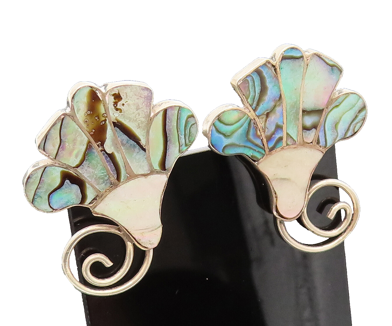 MEXICO 925 Silver  Vintage Mother Of Pearl & Abalone Shell Earrings  EG12346