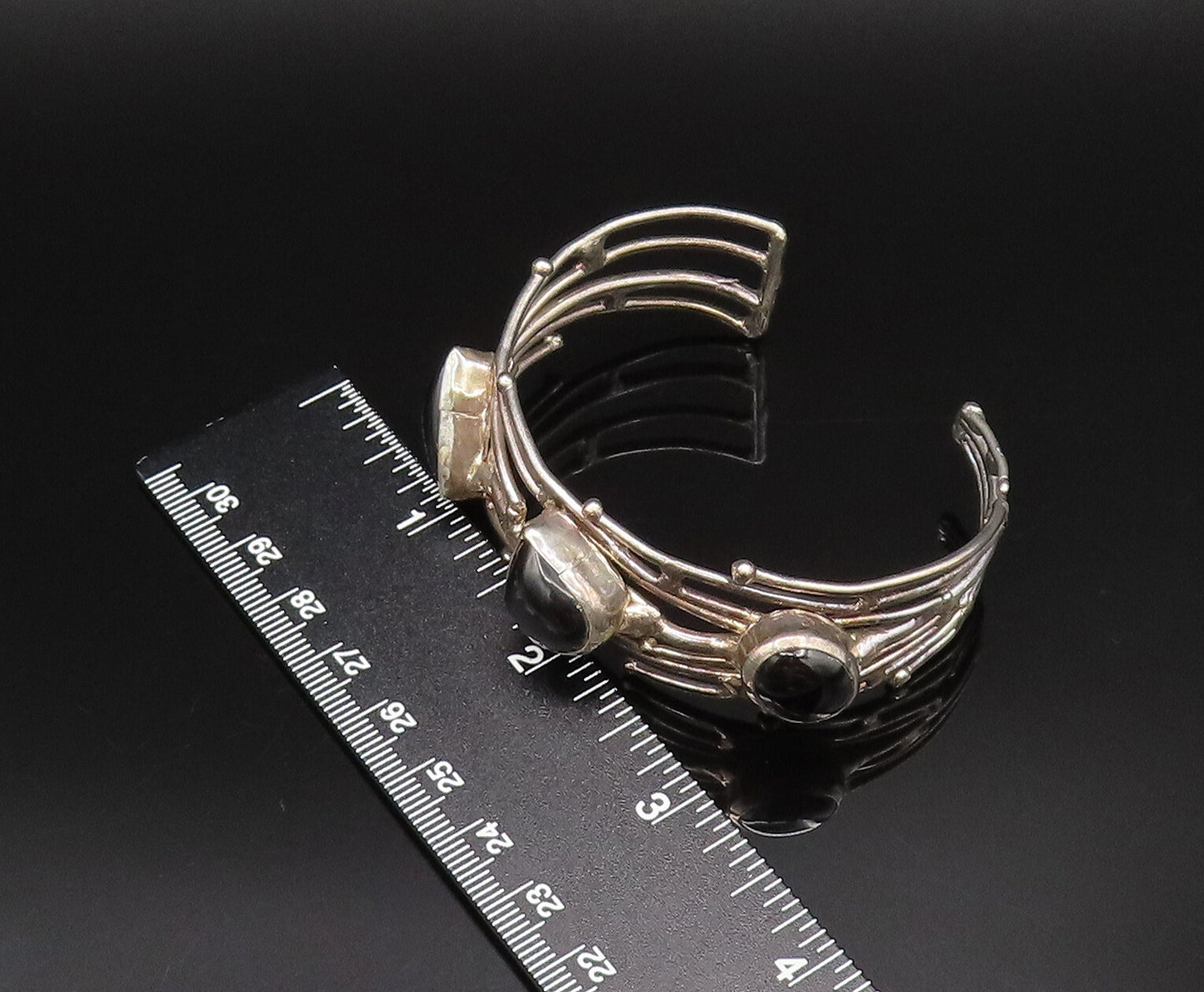 925 Silver  Vintage Multi Shaped Black Onyx Open Rows Cuff Bracelet BT9665