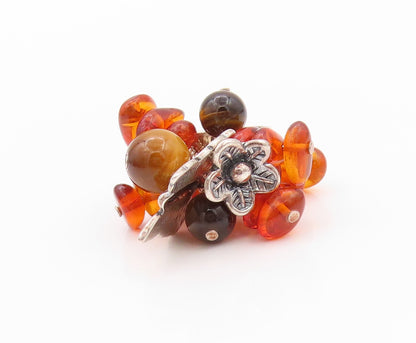 925 Sterling Silver Vintage Ring Amber & Gemstone Floral Design  Sz 5  RG32347