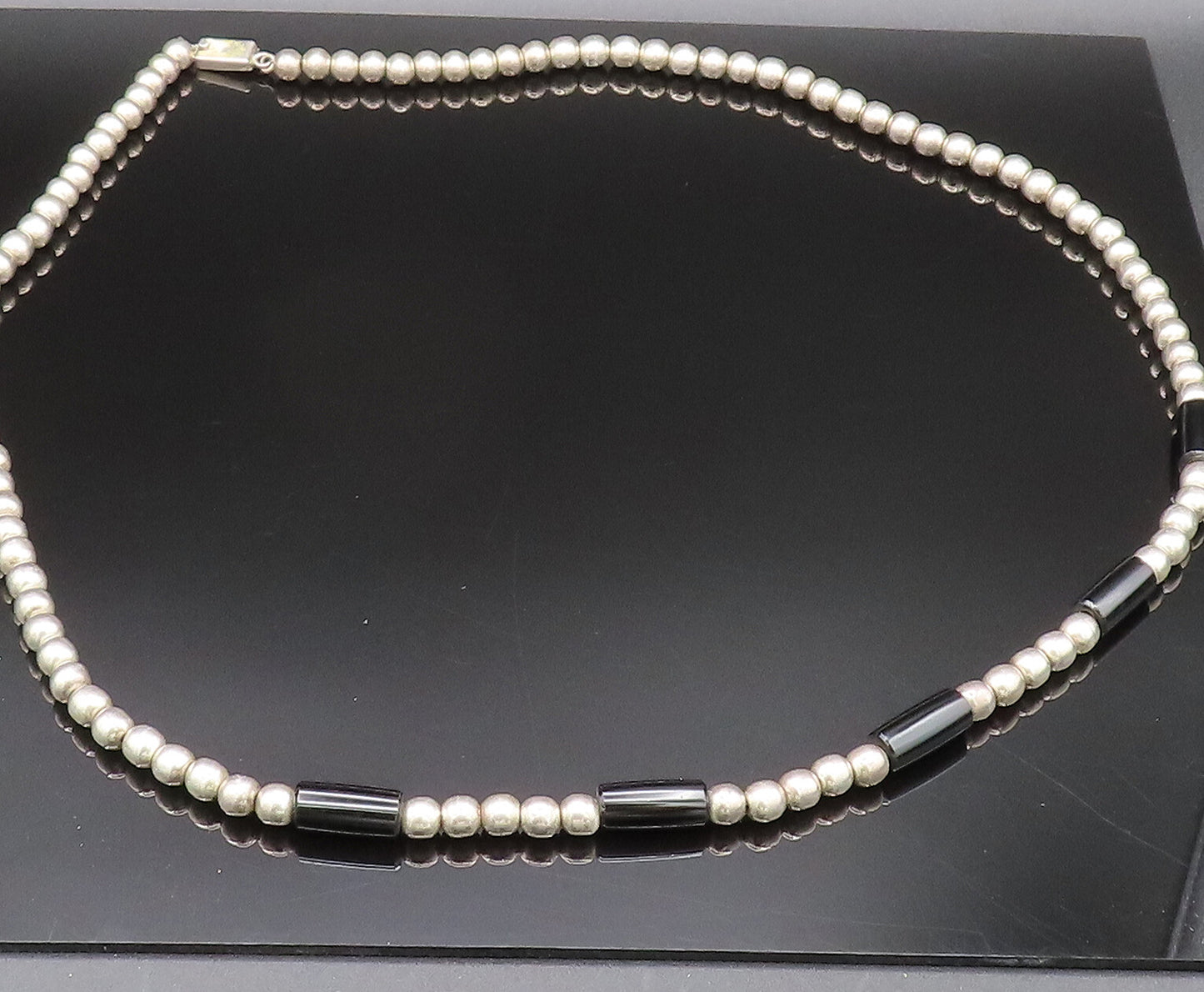 MEXICO 925 Sterling Silver Vintage Black Onyx Tube & Ball Beads Necklace  NE4026