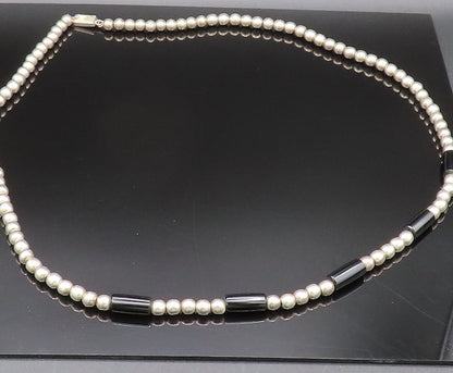 MEXICO 925 Sterling Silver Vintage Black Onyx Tube & Ball Beads Necklace  NE4026