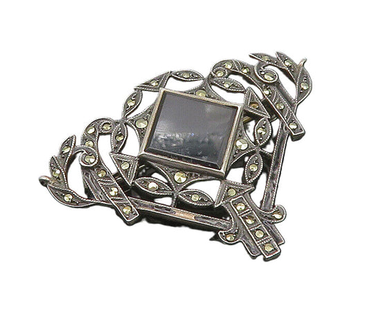 925 Silver  Vintage Black Onyx & Marcasite Floral Vine Brooch Pin  BP7364