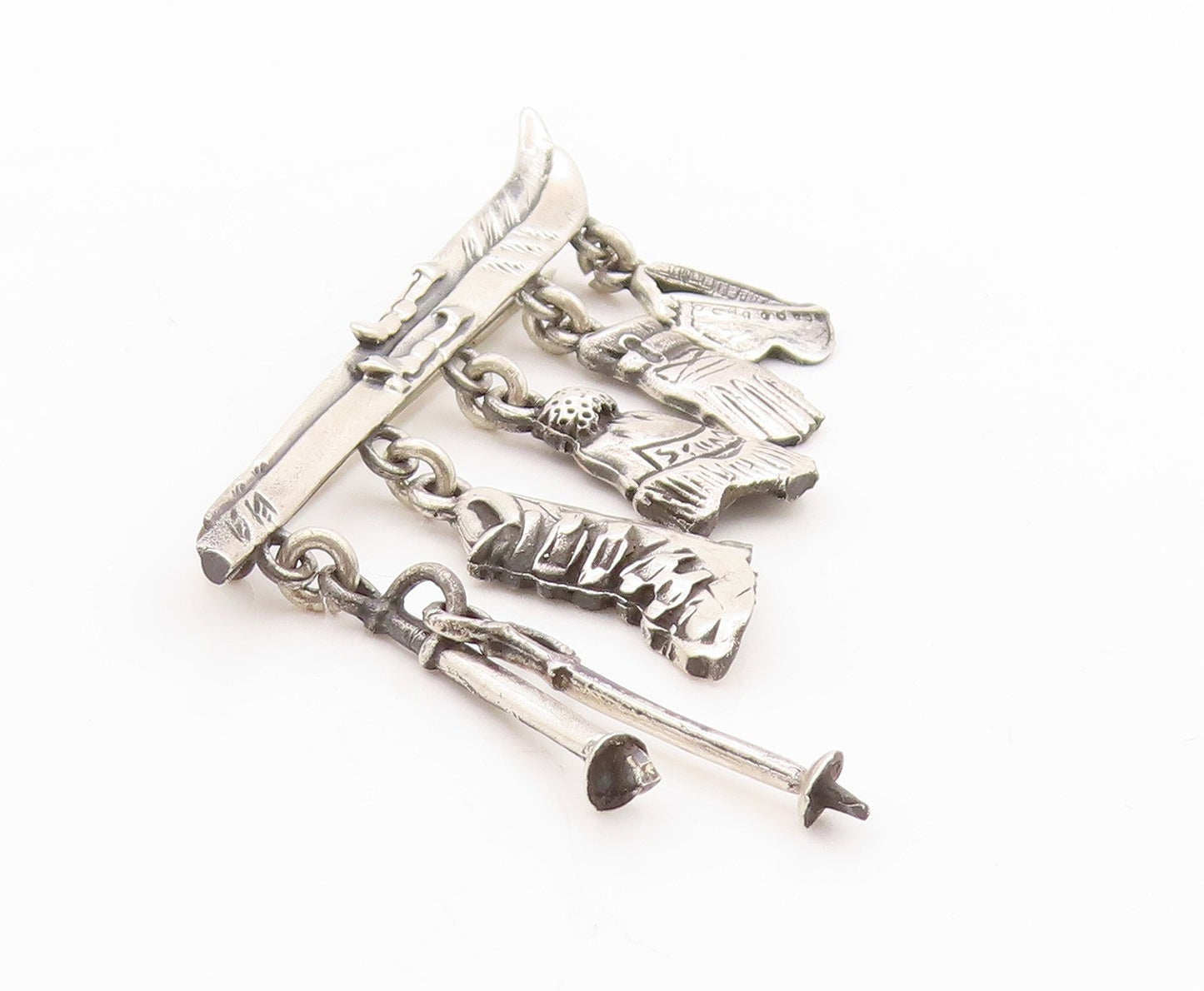 925 Sterling Silver Vintage Brooch Charming Hanging Winter Snow Skis  BP11787