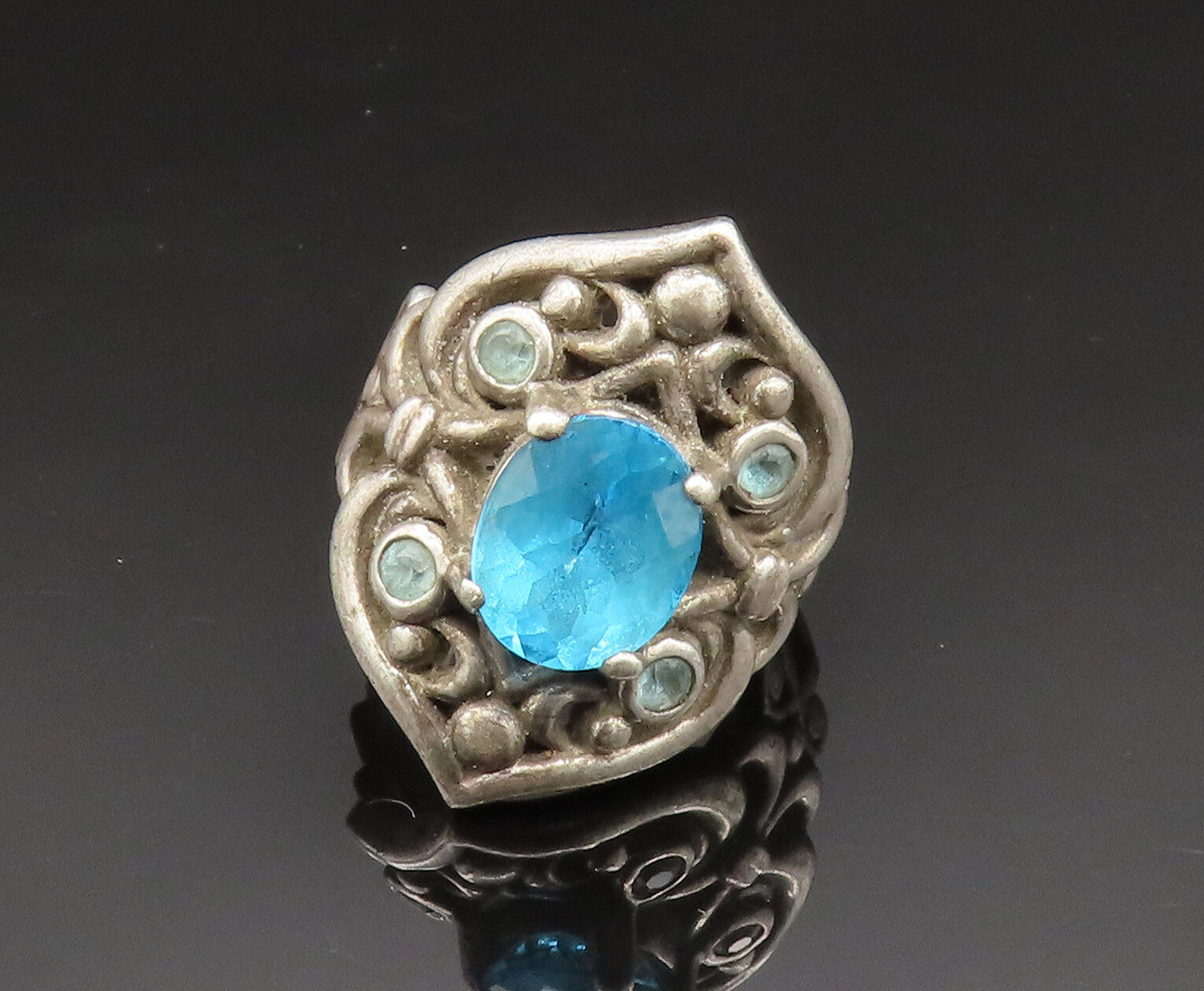 925 Silver  Vintage Paraiba Tourmaline & Topaz Scroll Ring Sz 7  RG25002