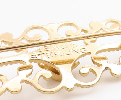 925 Sterling Silver Vintage Brooch BEAU Gold Plated Rose Filigree Pin   BP11973