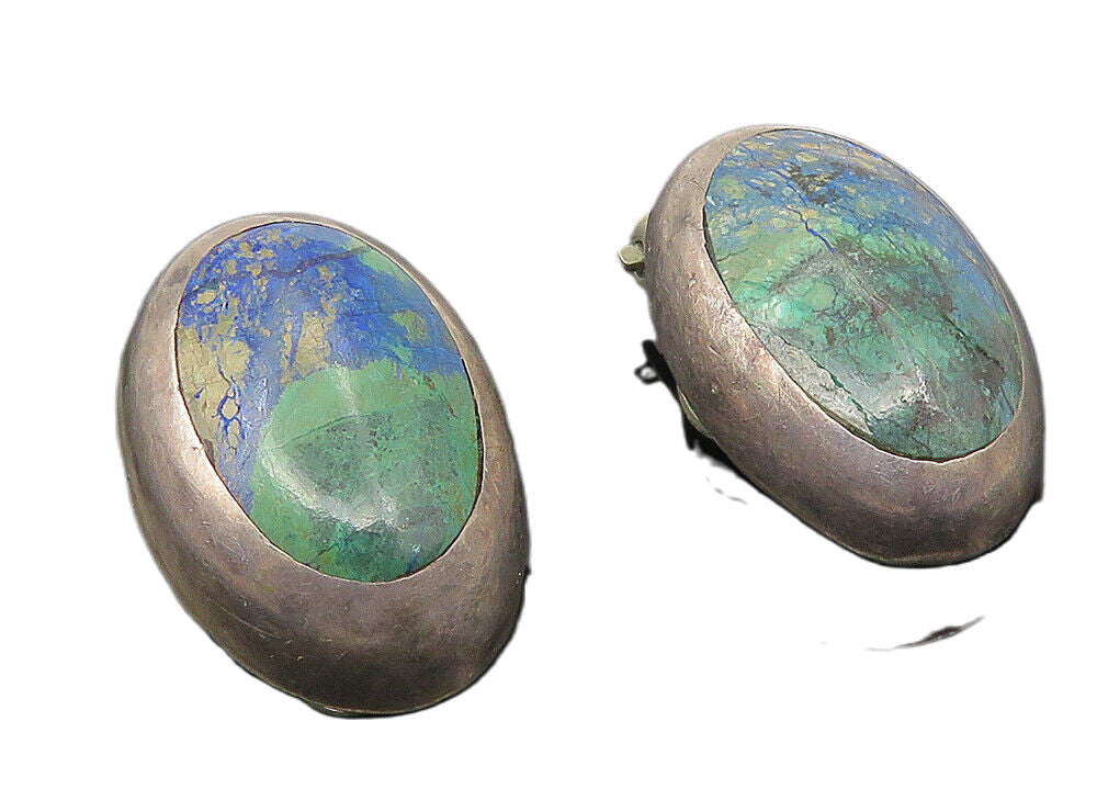 MEXICO 925 Sterling Silver  Vintage Azurite Non Pierce Drop Earrings  EG5640