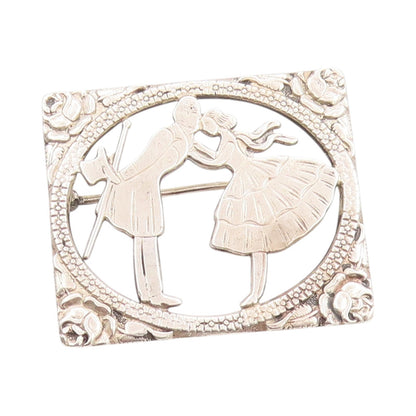 925 Sterling Silver Vintage Brooch Floral Framed Kissing Couple  BP11641