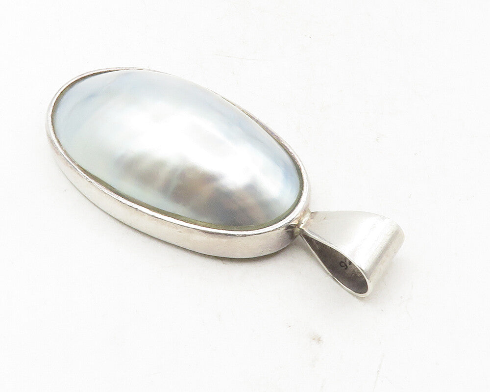 925 Sterling Silver  Vintage Shiny Blue Mother Of Pearl Dome Pendant  PT7293
