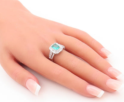 925 Sterling Silver Vintage Ring Rectangle Sea Green Halo White CZ Sz 7  RG29659