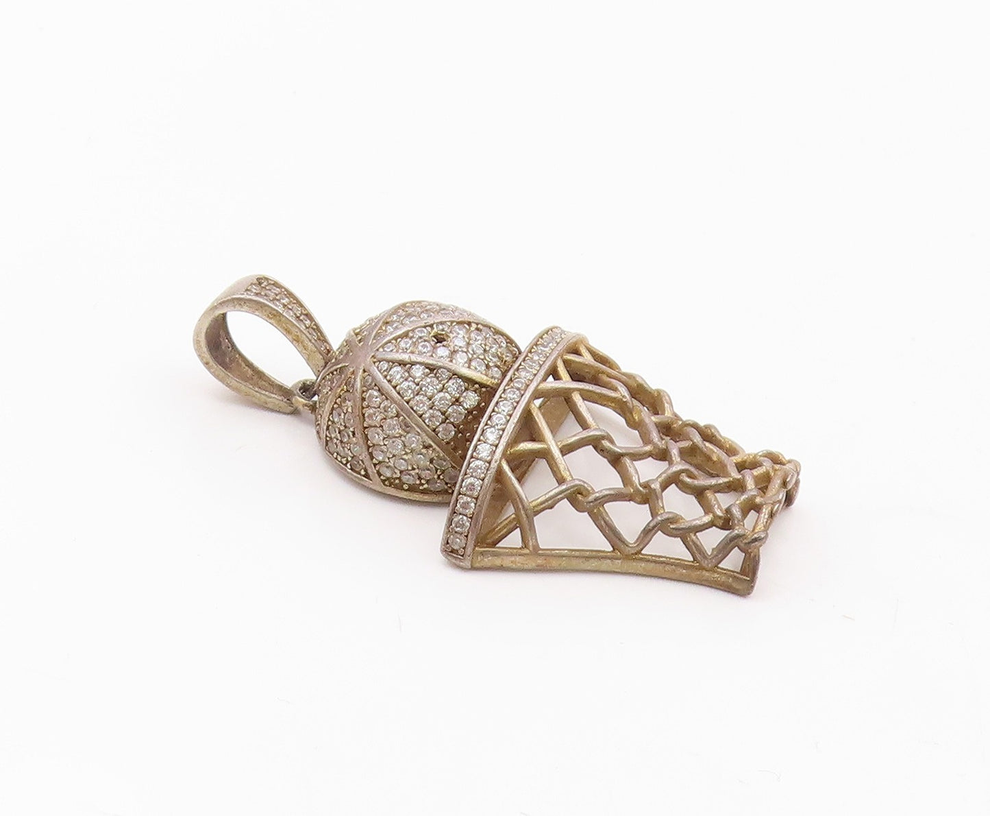 925 Sterling Silver  Vintage Topaz Basketball & Hoop Sports Pendant  PT10131