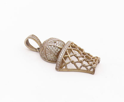 925 Sterling Silver  Vintage Topaz Basketball & Hoop Sports Pendant  PT10131