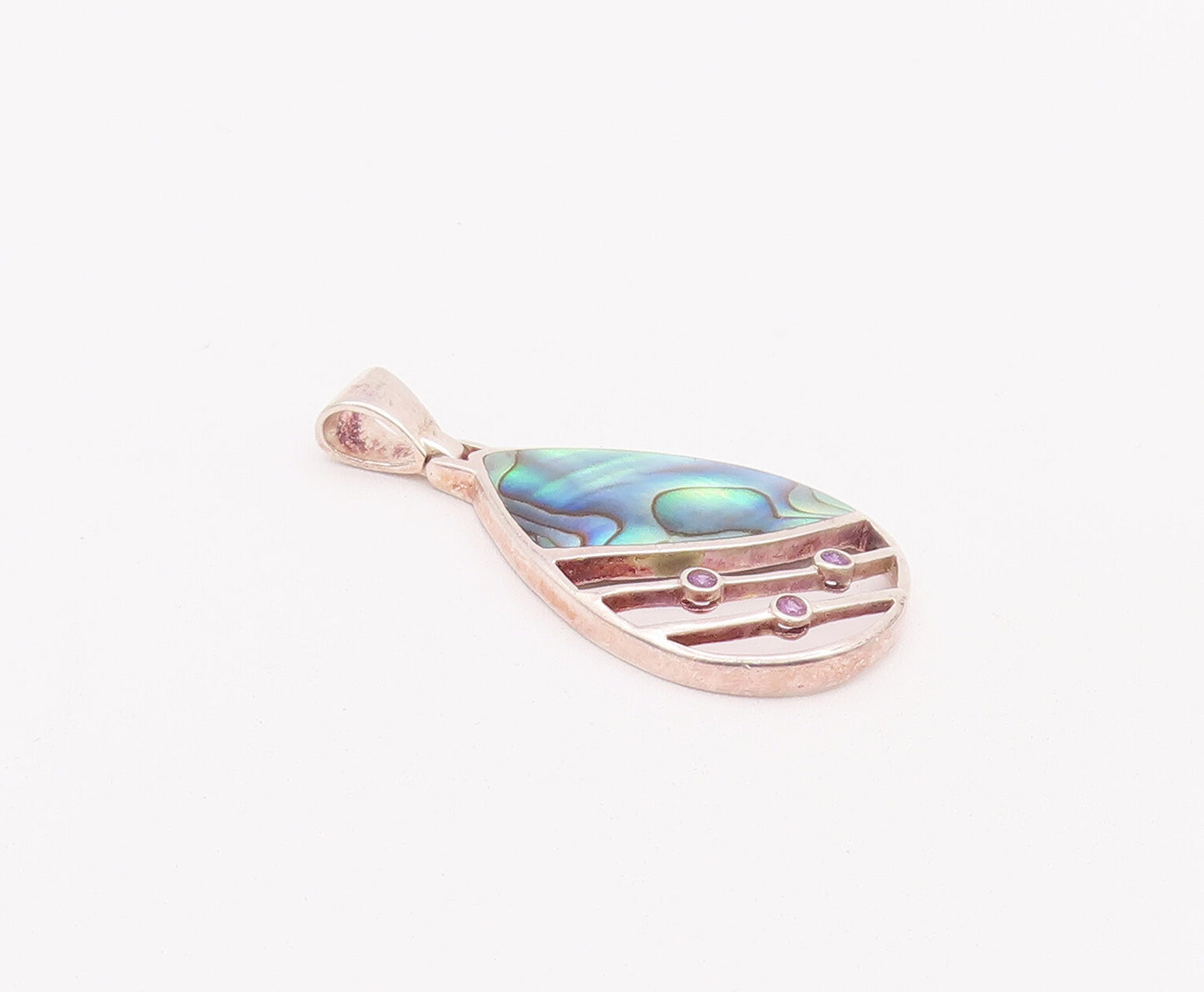 925 Sterling Silver Vintage Pendant Designer Abalone & Round Amethyst  PT22811