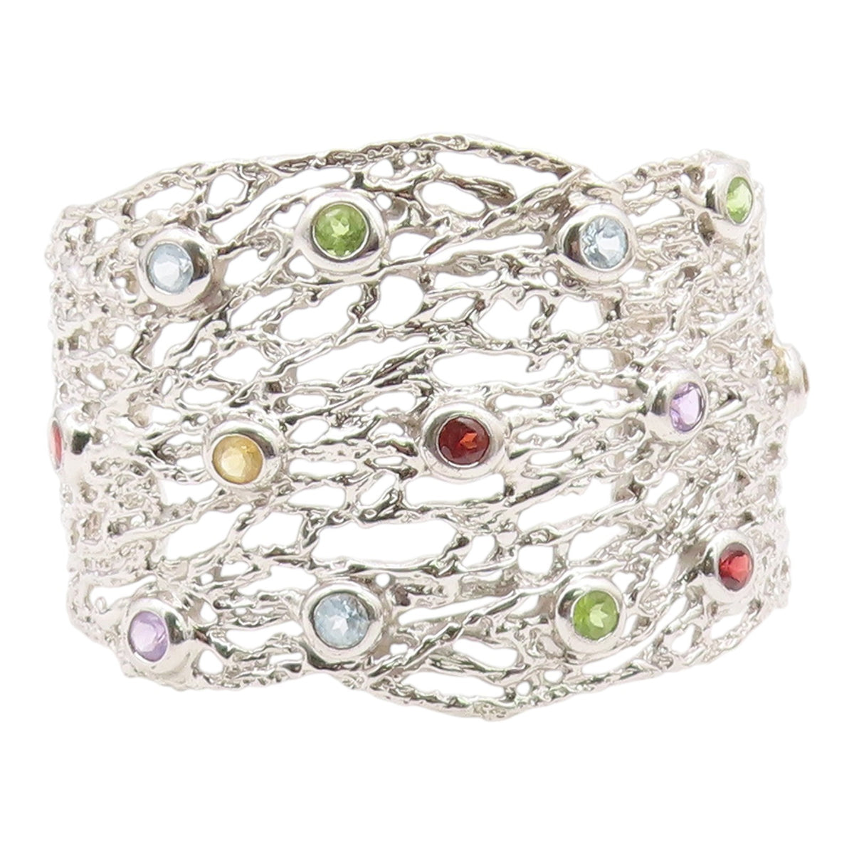 925 Silver Vintage Topaz Peridot & Multi Stone Sculpted Cuff Bracelet BT8996