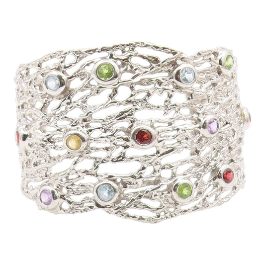 925 Silver Vintage Topaz Peridot & Multi Stone Sculpted Cuff Bracelet BT8996