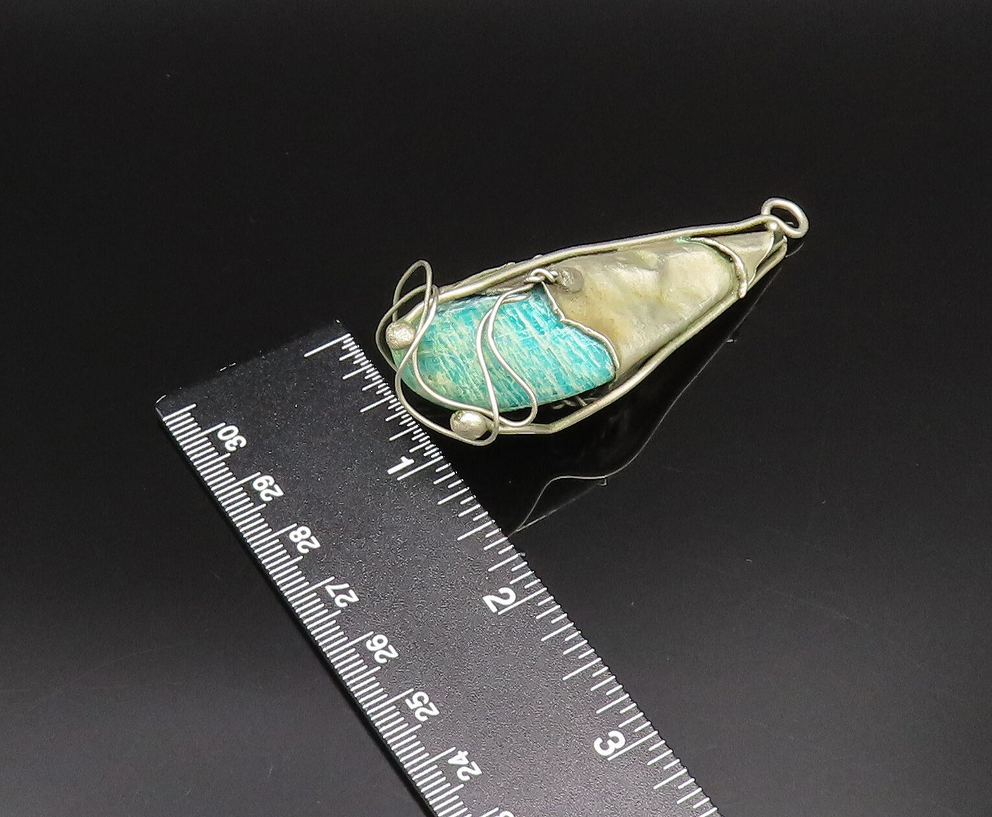 925 Silver  Vintage Modernist Wrapped Green Jasper Stone Cone Pendant  PT21613