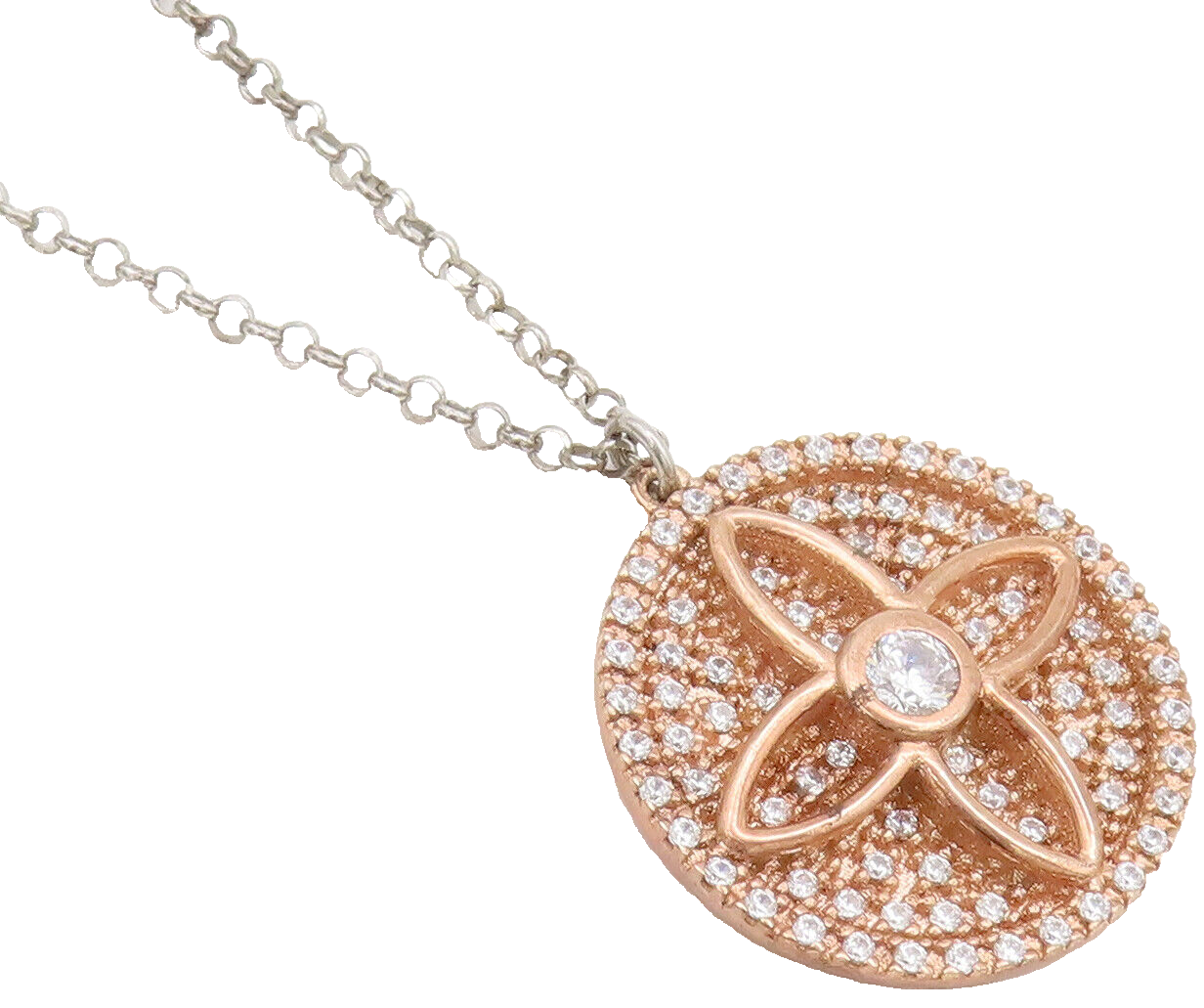 925 Sterling Silver  Vintage CZ Inlay Carved Flower Round Necklace  NE4216