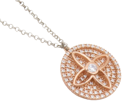 925 Sterling Silver  Vintage CZ Inlay Carved Flower Round Necklace  NE4216