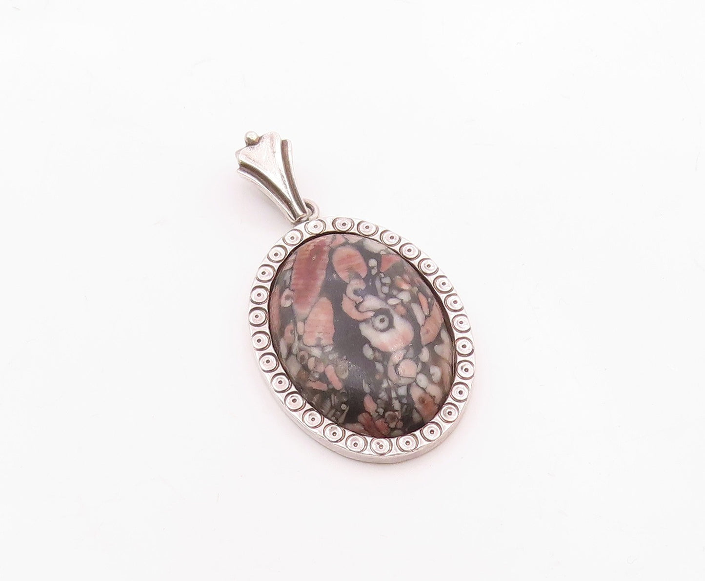 925 Sterling Silver Vintage Matte Cabochon Cut Circle Pattern Pendant PT20022