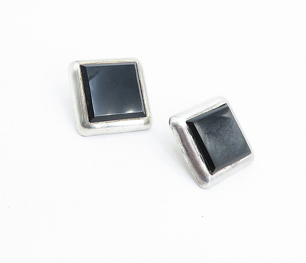 MEXICO 925 Sterling Silver  Vintage Black Onyx Square Drop Earrings  EG2606