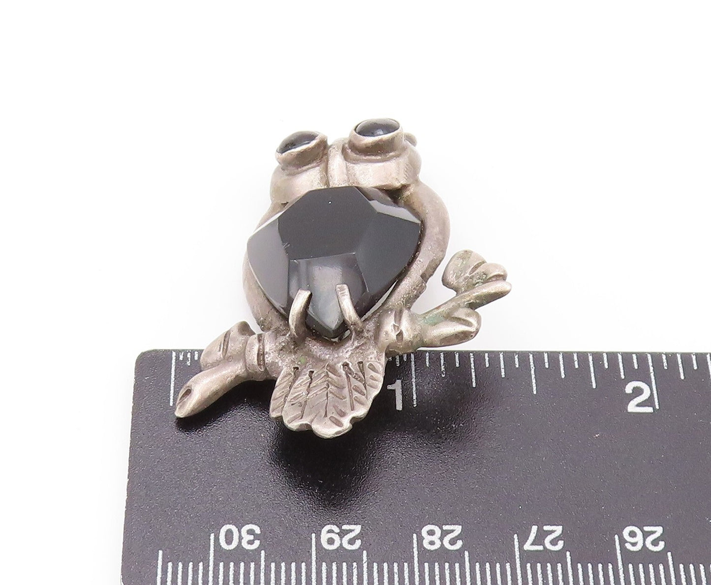 925 Sterling Silver Vintage Brooch MEXICO Onyx Inlay Carved Night Owl  BP11539