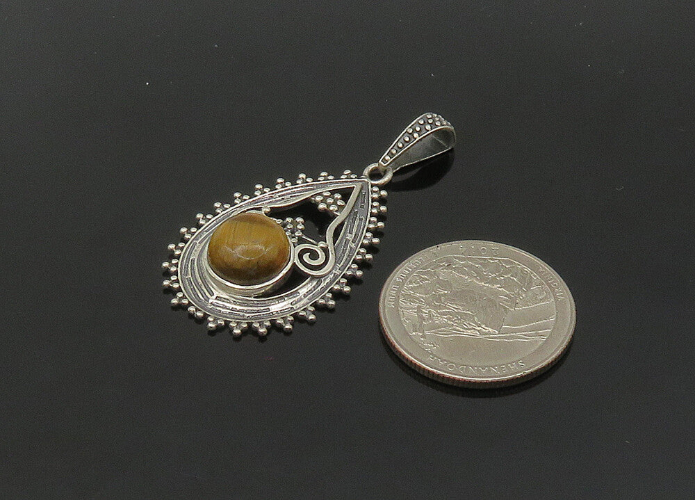 925 Sterling Silver  Vintage Cabochon Cut Tiger's Eye Swirl Pendant  PT17168
