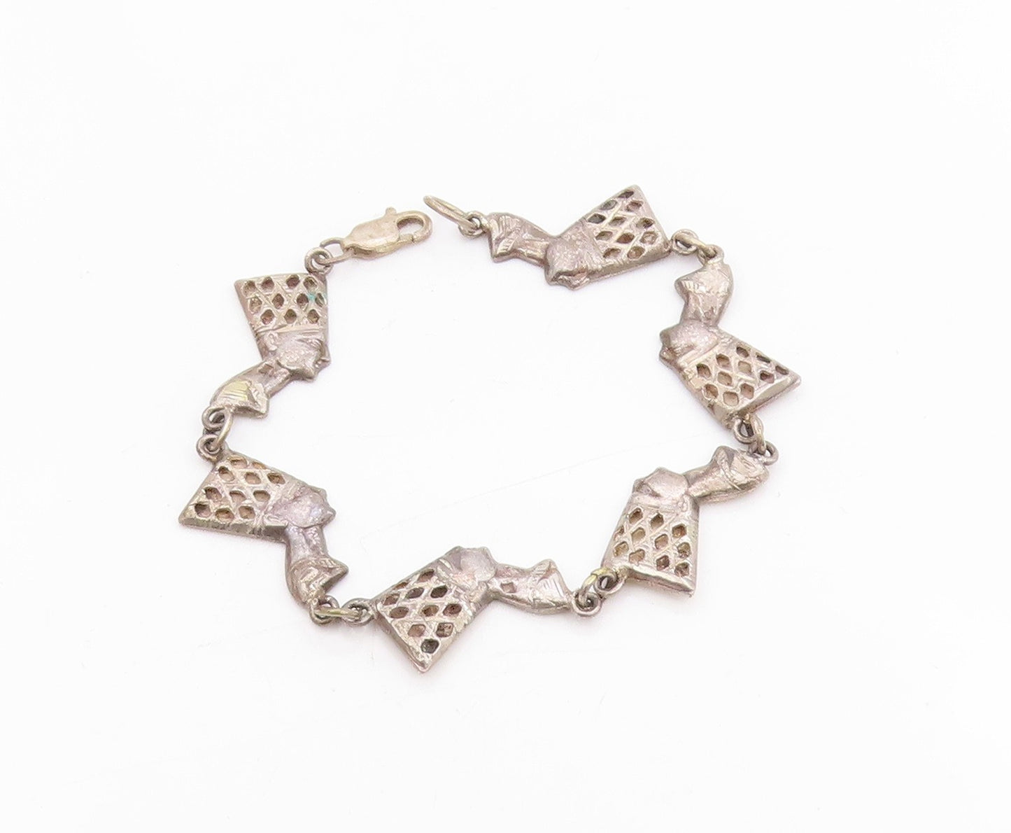 925 Sterling Silver Vintage Bracelet Egyptian Queen Nefertiti Head Link  BT11482