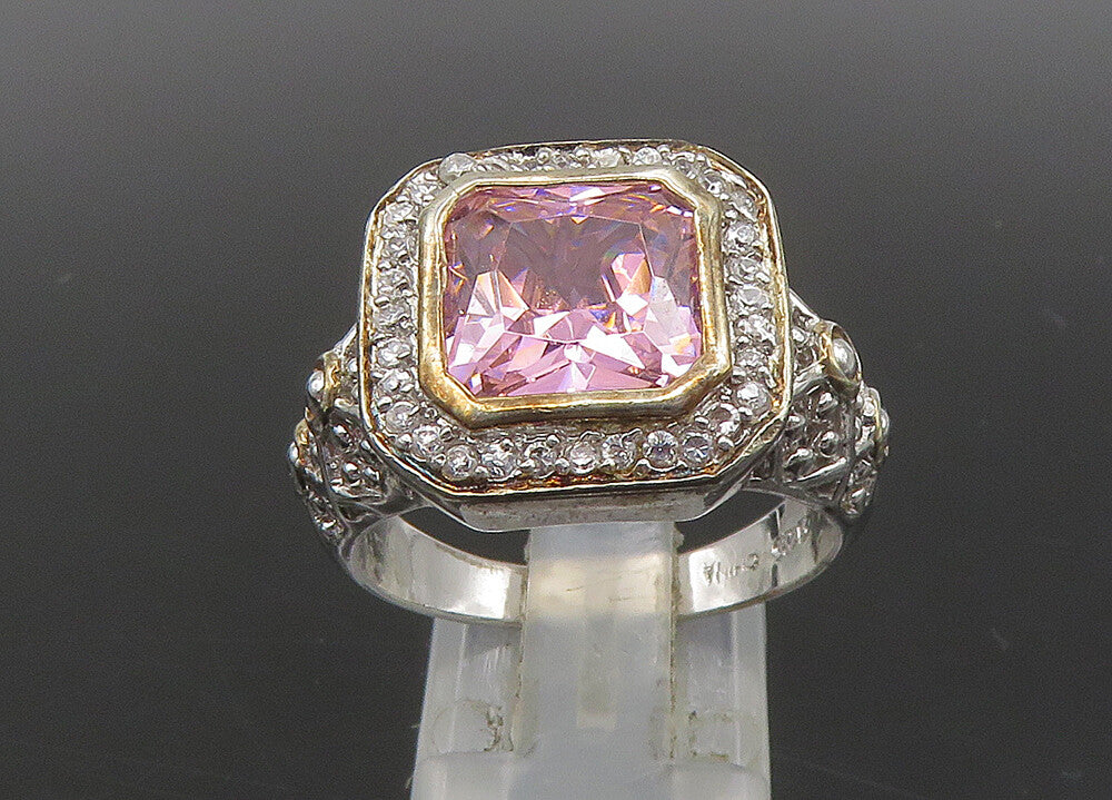 925 Silver  Vintage Pink Cubic Zirconia 2 Tone Cocktail Ring Sz 10  RG23089