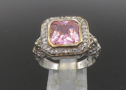 925 Silver  Vintage Pink Cubic Zirconia 2 Tone Cocktail Ring Sz 10  RG23089