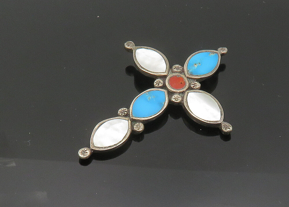 ZUNI 925 Sterling Silver Vintage Turquoise & Mother Of Pearl Pendant PT16446