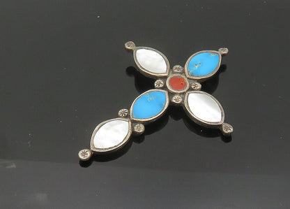 ZUNI 925 Sterling Silver Vintage Turquoise & Mother Of Pearl Pendant PT16446
