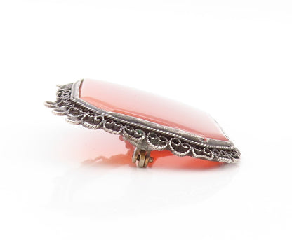 925 Sterling Silver Vintage Brooch Large Carnelian Halo Filigree Work  BP11513