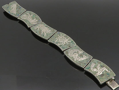 MEXICO 925 Silver  Vintage Etched Animal Green Turquoise Link Bracelet  BT9396