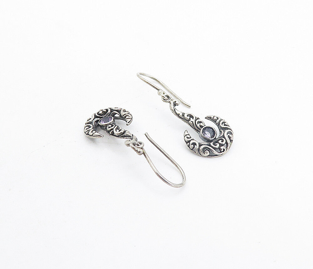 925 Sterling Silver  Vintage Petite Amethyst Swirly Dangle Earrings  EG3786