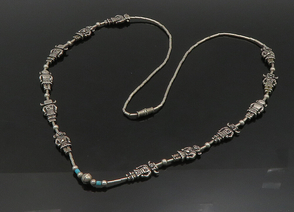 SOUTHWESTERN 925 Silver Vintage Turquoise Bull & Bear Chain Necklace NE3691