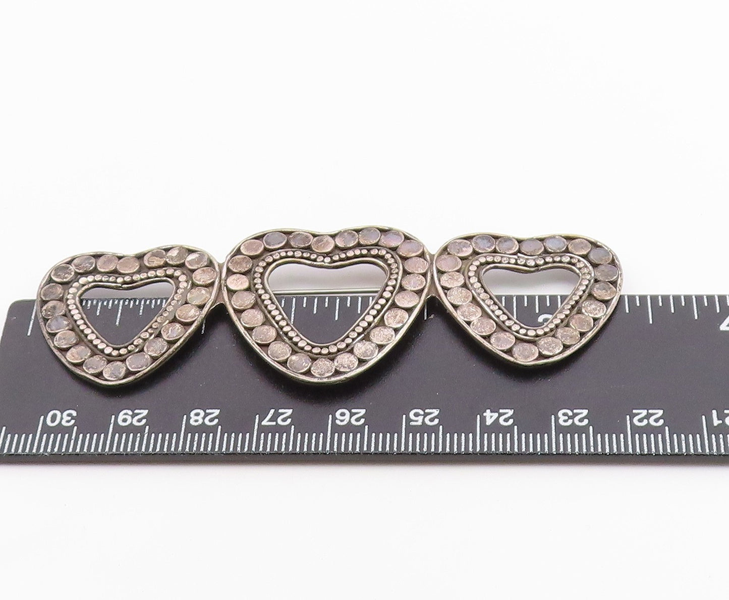 925 Sterling Silver Vintage Brooch Pin Beaded Cutout Linked Love Hearts  BP10736