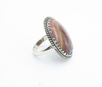 925 Sterling Silver Agate Shiny Twist Border Cocktail Ring Sz 8.5  RG8007
