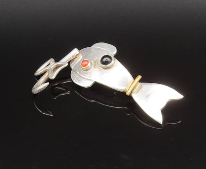 MEXICO 925 Silver  Vintage Onyx & Citrine Cat Brooch Pin (MOVES)  BP10085