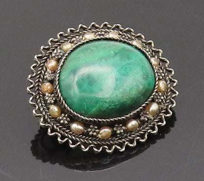 925 Sterling Silver Vintage Brooch Pin ISRAEL Turquoise Halo Carved  BP10617