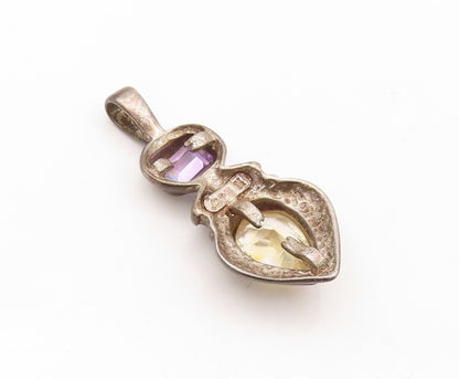 925 Sterling Silver Vintage Pendant Dark Tone Carved Amethyst & Citrine  PT23597