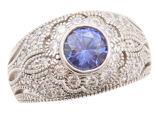 925 Sterling Silver Vintage Ring Floral Carved Blue & White CZ  Sz 7  RG29547