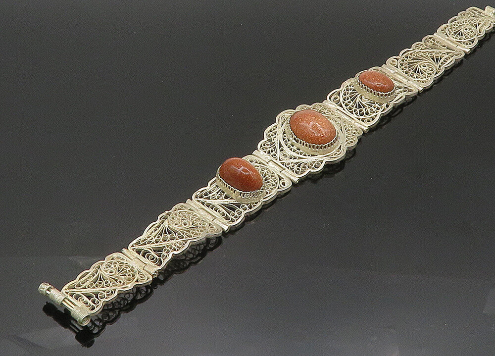925 Sterling Silver  Vintage Goldstone Filigree Swirl Chain Bracelet  BT8296