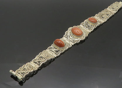 925 Sterling Silver  Vintage Goldstone Filigree Swirl Chain Bracelet  BT8296