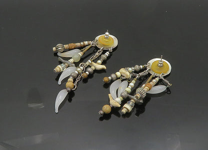 NAVAJO 925 Silver  Vintage Pearl Jasper & Quartz Beaded Dangle Earrings EG9929