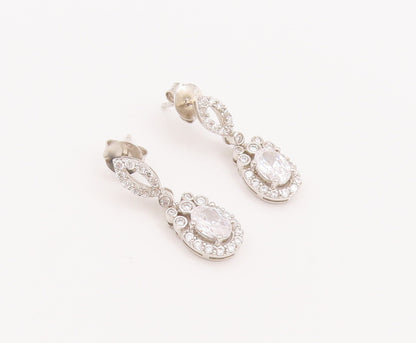 925 Sterling Silver Vintage Earrings Carved Eye Shape & Dangling Oval CZ EG13006